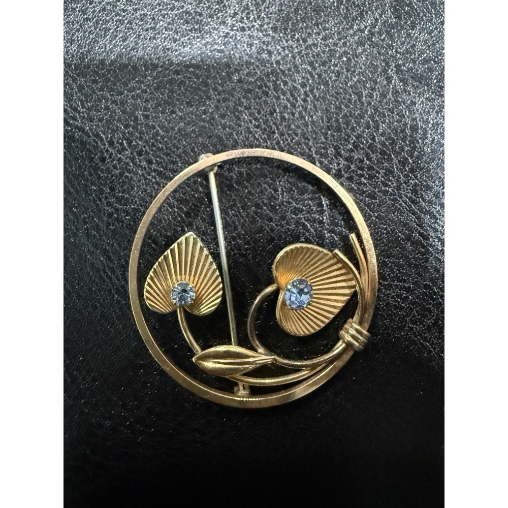 VTG Van Dell 1/20 12K GF Gold Circle‎ Retro Flower Aqua Blue Rhinestone Brooch